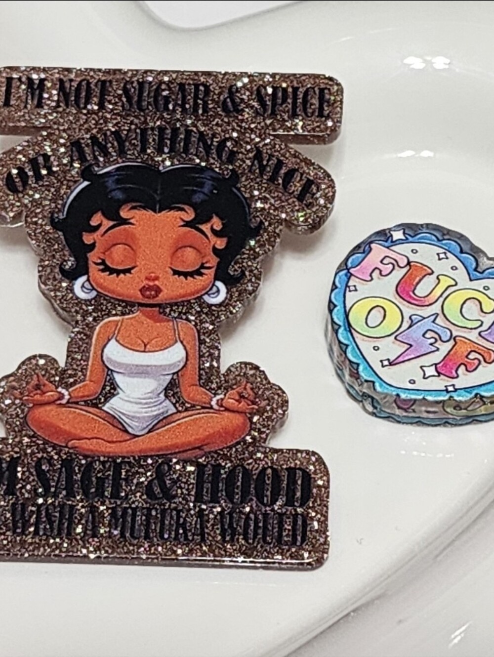 B Boo Spicy Flat Focal Bead Flatback‎ Wish a Motherf***er Would Badge Keychain